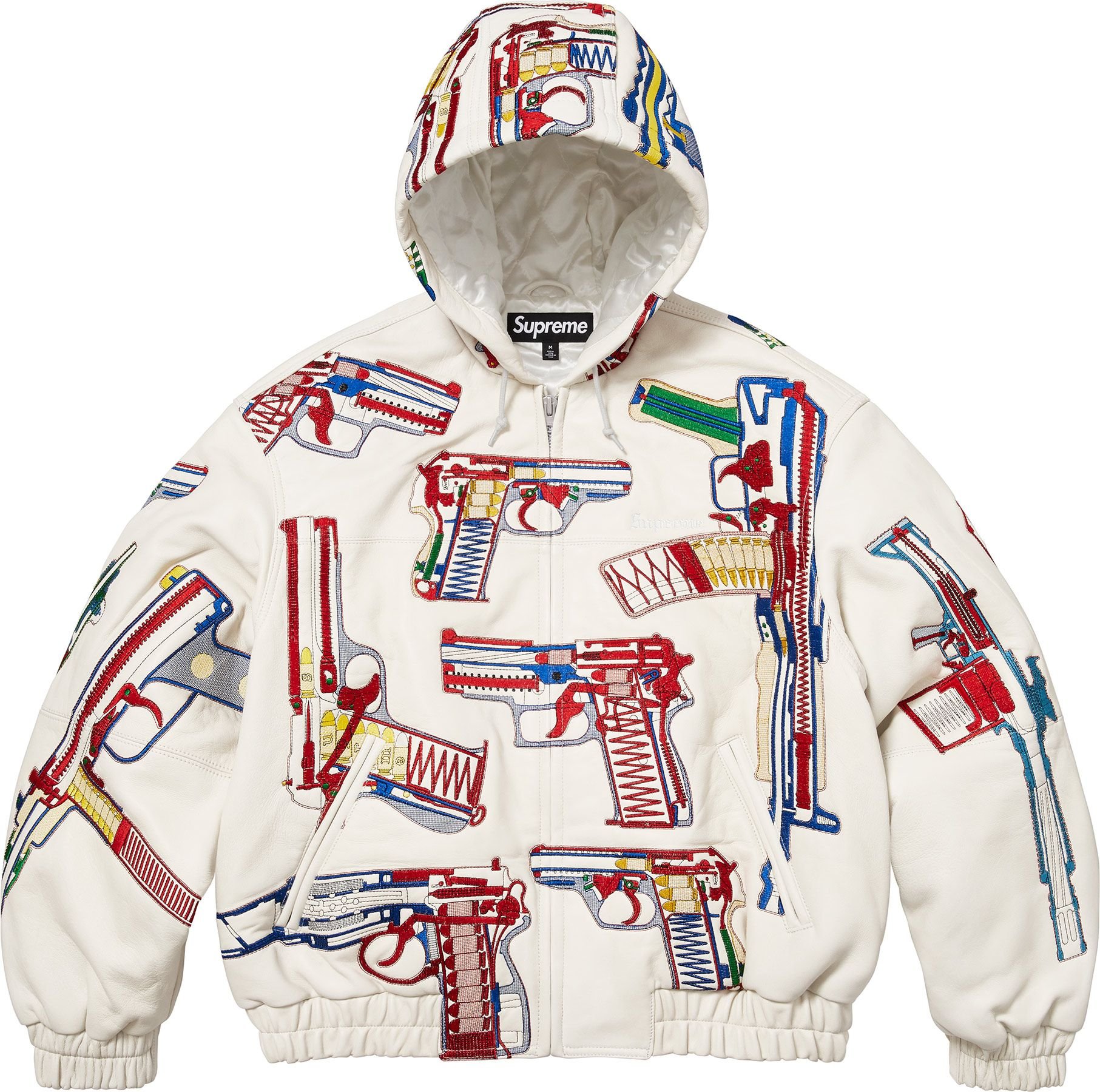 Guns Embroidered Hooded Leather Jacket view 3